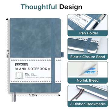 LEAGIM Blank Journal Notebook, A5, 192 Pages 100 GSM Thick Sketch Book for Women Men, Hardcover Leather Unlined Journaling for Work, Notebooks for Writing, 5.8 inches x 8.5 inches (Green)