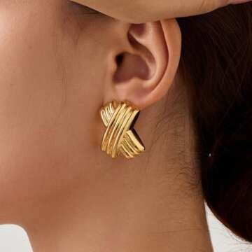 UneDouce 14K Gold Plated Chunky Statement Vintage Earrings for Women | Trendy Statement Textured Stu...