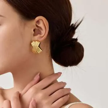 UneDouce 14K Gold Plated Chunky Statement Vintage Earrings for Women | Trendy Statement Textured Stud Earring Dupes, Triple X Hoop Earrings (Gold)