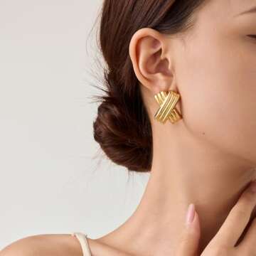 UneDouce 14K Gold Plated Chunky Statement Vintage Earrings for Women | Trendy Statement Textured Stud Earring Dupes, Triple X Hoop Earrings (Gold)