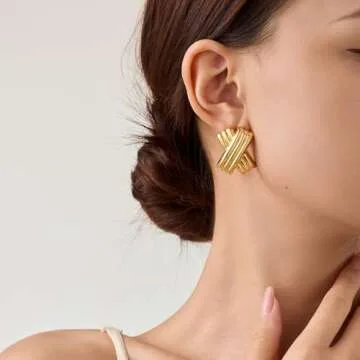 UneDouce 14K Gold Plated Chunky Statement Vintage Earrings for Women | Trendy Statement Textured Stud Earring Dupes, Triple X Hoop Earrings (Gold)