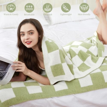SeaRoomy Checkered Throw Blanket, Ultra Soft Cozy Reversible Checkerboard Fuzzy Blanket, Fluffy Lightweight Microfiber Knit Throw Blanket for Couch Sofa Bed Decor Gift(Sage Green, 51"×63")