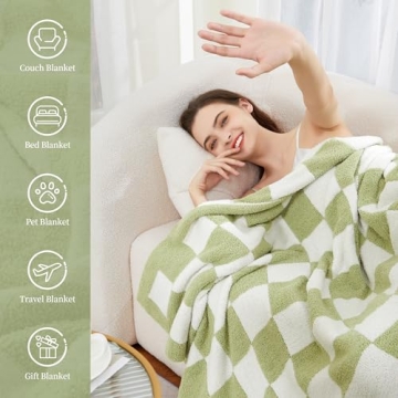SeaRoomy Checkered Throw Blanket, Ultra Soft Cozy Reversible Checkerboard Fuzzy Blanket, Fluffy Lightweight Microfiber Knit Throw Blanket for Couch Sofa Bed Decor Gift(Sage Green, 51"×63")