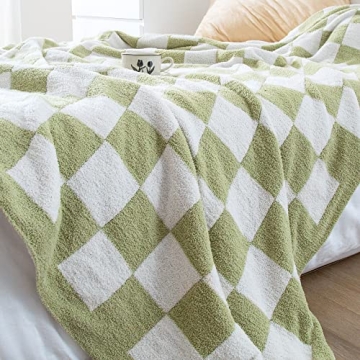 SeaRoomy Checkered Throw Blanket, Ultra Soft Cozy Reversible Checkerboard Fuzzy Blanket, Fluffy Lightweight Microfiber Knit Throw Blanket for Couch Sofa Bed Decor Gift(Sage Green, 51"×63")