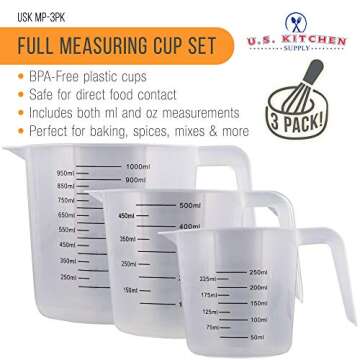 U.S. Kitchen Supply - Set of 3 Plastic Graduated Measuring Cups with Pitcher Handles - 1, 2 and 4 Cu...