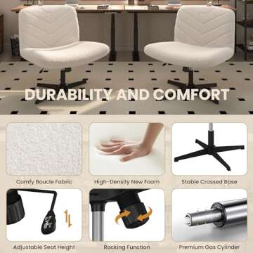 Yaheetech Wide Criss Cross Chair with No Wheels, Comfy Armless Cross Legged Office Desk Chairs, Swivel Vanity Chair Computer Chairs for Home Office, Ivory