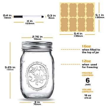 Regular Mouth Glass Mason Jars 16 oz, 6 Pack Glass Canning Jars with Metal Airtight Lids and Bands a...