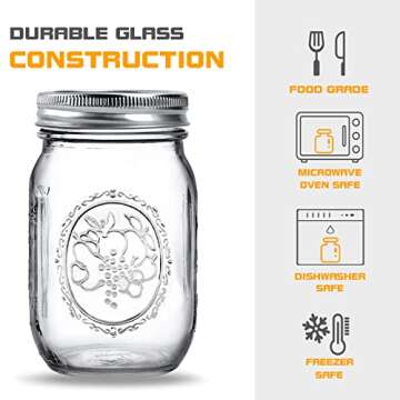 Regular Mouth Glass Mason Jars 16 oz, 6 Pack Glass Canning Jars with Metal Airtight Lids and Bands and Measurement Marks, for Canning, Preserving, Overnight Oats, Jam, Jelly, Food Storage, DIY etc