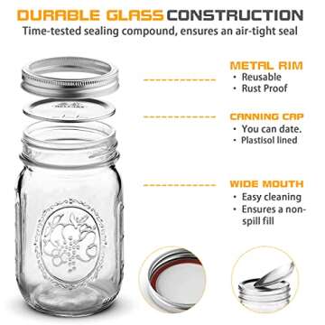Regular Mouth Glass Mason Jars 16 oz, 6 Pack Glass Canning Jars with Metal Airtight Lids and Bands and Measurement Marks, for Canning, Preserving, Overnight Oats, Jam, Jelly, Food Storage, DIY etc