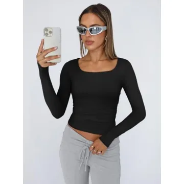 Trendy Queen Womens Long Sleeve Shirts Crop Scoop Neck Tops Y2K Fashion