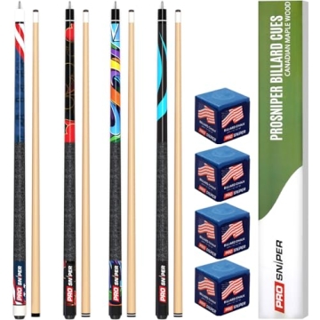 Premium Pool Cue Set | 4 Canadian Maple 58-Inch, 19-Oz Pool Sticks with Low-Deflection Shaft & 4 Ext...
