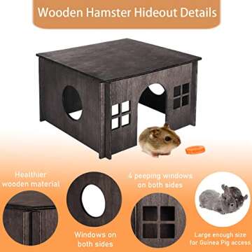 Hamster Hideout,Wooden Hamster House with Windows,Detachable and Large Size Suitable for Two Guinea Pig Hideout, Ventilated wood Habitats Decor for Chinchilla, Hamster Mice Gerbils Mouse -Walnut Color