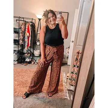 SySea Womens High Waist Leopard Pants Wide Leg Long Belted Palazzo Trousers with Pockets