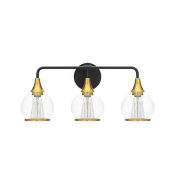 HAHZT Black and Gold Bathroom Vanity Light 3-Lights Bathroom Light Fixtures Over Mirror with Clear Glass Shade 22.4 inch Wall Sconce Lighting Bath(Exclude E26 Bulb)