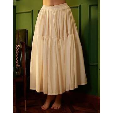 BEAUZSUZSANA 100% Cotton Women Skirt High Elastic Waist A-Line Vintage Puffy Pleated Skirt with 2 Po...