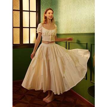 BEAUZSUZSANA 100% Cotton Women Skirt High Elastic Waist A-Line Vintage Puffy Pleated Skirt with 2 Pockets (Ivory,S)