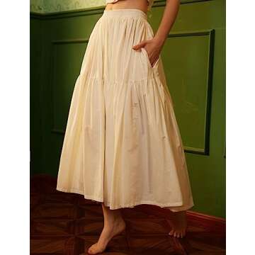 BEAUZSUZSANA 100% Cotton Women Skirt High Elastic Waist A-Line Vintage Puffy Pleated Skirt with 2 Pockets (Ivory,S)