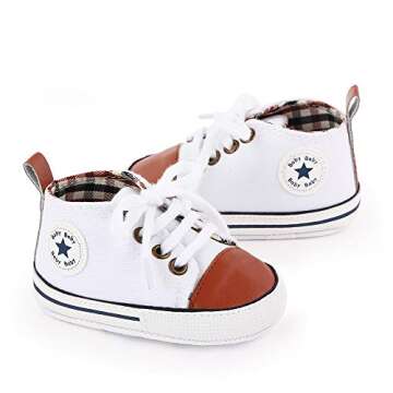 KKIIDDSS Unisex Baby Girls Boys Canvas High-top Shoes, Newborn Infant Anti-Slip Soft Sole Frist Walking Breathable Sneakers (A01 White_Brown,0-6 Months)