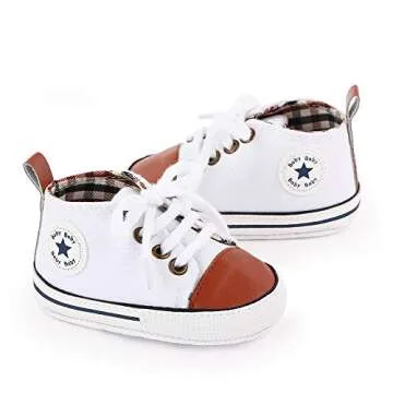 KKIIDDSS Unisex Baby Girls Boys Canvas High-top Shoes, Newborn Infant Anti-Slip Soft Sole Frist Walking Breathable Sneakers (A01 White_Brown,0-6 Months)