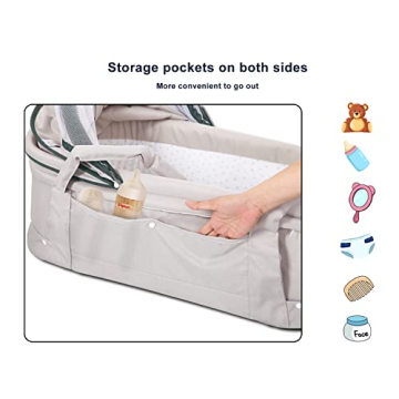 Holy Cat Travel Bassinet Portable Bassinet-Folding Baby Bassinet iin Bed Mini Travel Crib Infant Travel Bed with Mosquito Net and Canopy Lightweight Washable Foldable-Lightgrey