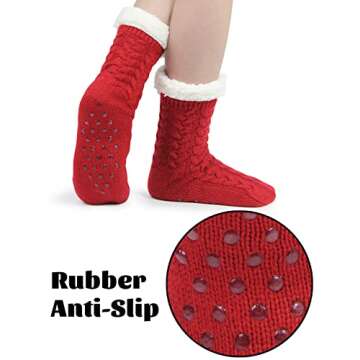 Sooneeya Winter Thick Fuzzy Slipper Socks Women Christmas Warm Cozy Soft Lined Socks Slipper with Non Skid Grippers Fleece Comfy Sherpa Socks Holiday Gift Red Christmas Red -2 Pairs