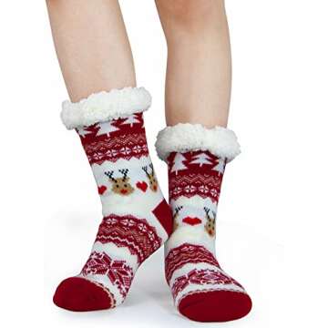 Sooneeya Winter Thick Fuzzy Slipper Socks Women Christmas Warm Cozy Soft Lined Socks Slipper with Non Skid Grippers Fleece Comfy Sherpa Socks Holiday Gift Red Christmas Red -2 Pairs