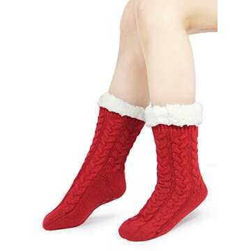 Sooneeya Winter Thick Fuzzy Slipper Socks Women Christmas Warm Cozy Soft Lined Socks Slipper with Non Skid Grippers Fleece Comfy Sherpa Socks Holiday Gift Red Christmas Red -2 Pairs