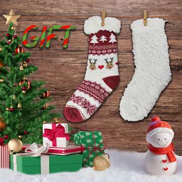 Sooneeya Winter Thick Fuzzy Slipper Socks Women Christmas Warm Cozy Soft Lined Socks Slipper with Non Skid Grippers Fleece Comfy Sherpa Socks Holiday Gift Red Christmas Red -2 Pairs