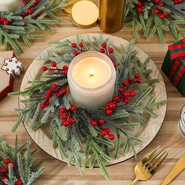 Giegxin 8 Pcs Christmas Kitchen Cabinet Wreath Christmas Candle Rings Wreaths Small Pillars Mini Can...