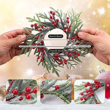 Giegxin 8 Pcs Christmas Kitchen Cabinet Wreath Christmas Candle Rings Wreaths Small Pillars Mini Candle Rings Artificial Berry Norfolk Pine Wreath for Xmas Table Centerpiece Front Door Decor