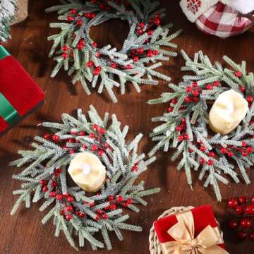 Giegxin 8 Pcs Christmas Kitchen Cabinet Wreath Christmas Candle Rings Wreaths Small Pillars Mini Candle Rings Artificial Berry Norfolk Pine Wreath for Xmas Table Centerpiece Front Door Decor