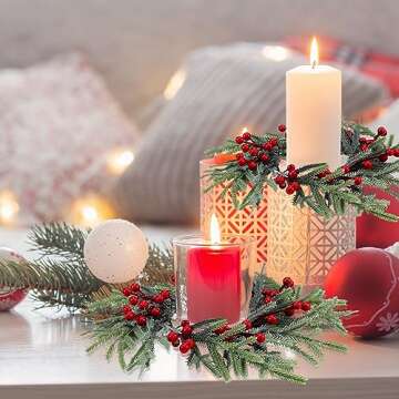 Giegxin 8 Pcs Christmas Kitchen Cabinet Wreath Christmas Candle Rings Wreaths Small Pillars Mini Candle Rings Artificial Berry Norfolk Pine Wreath for Xmas Table Centerpiece Front Door Decor