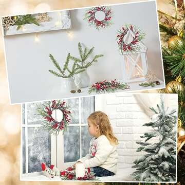 Giegxin 8 Pcs Christmas Kitchen Cabinet Wreath Christmas Candle Rings Wreaths Small Pillars Mini Candle Rings Artificial Berry Norfolk Pine Wreath for Xmas Table Centerpiece Front Door Decor