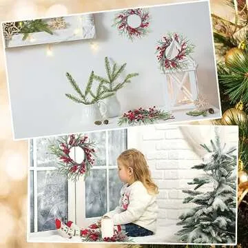 Giegxin 8 Pcs Christmas Kitchen Cabinet Wreath Christmas Candle Rings Wreaths Small Pillars Mini Candle Rings Artificial Berry Norfolk Pine Wreath for Xmas Table Centerpiece Front Door Decor