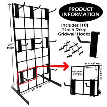 Counter Top Gridwall Display Unit, 24" x 12" Tabletop Grid with [10] 4" D Grid Hooks, Black, 1 Unit