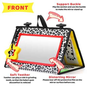 KUANGO Tummy Time Mirror Toys for Babies, High Contrast Activity Montessori Newborn Toys, Black and ...