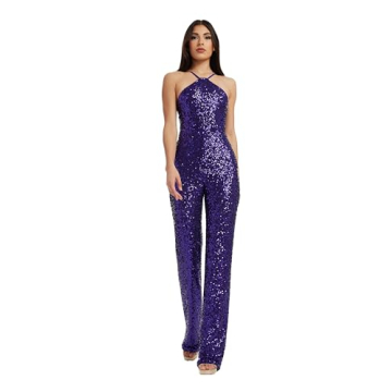 Dress the Population Women's Darian Sequin, Halter Neck, Wide Leg, Jumpsuit, Violet, XX-Large