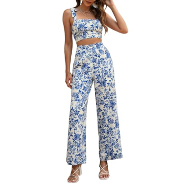 Floerns Women's 2 Piece Summer Boho Floral Print Knot Shoulder Zip Back Crop Cami Top and Maxi Pants...
