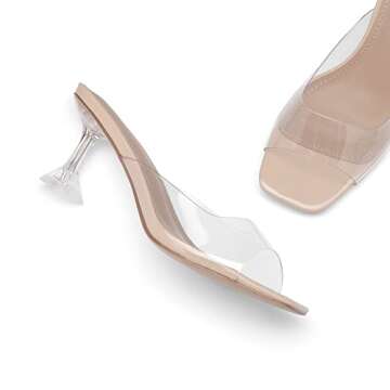 DREAM PAIRS Women’s Clear Heels Square Toe High Stiletto Mules Slip on Wedding Dress Heel Sandals,Size 8,Nude Clear-Low,DHS215-1