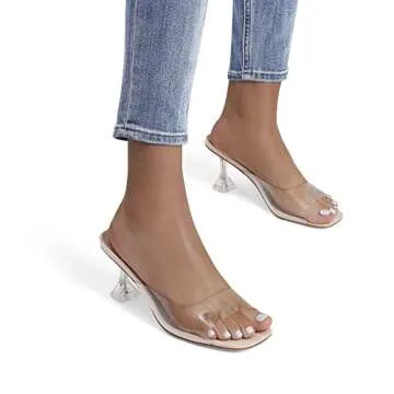 DREAM PAIRS Women’s Clear Heels Square Toe High Stiletto Mules Slip on Wedding Dress Heel Sandals,Size 8,Nude Clear-Low,DHS215-1