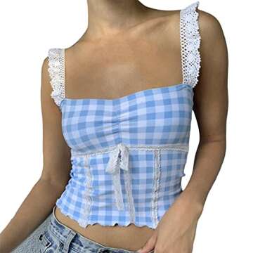 Women Y2K Cami Tank Top Spaghetti Strap V Neck Camisoles Summer Cute Sleeveless Crop Top Streetwear(T-Cute Blue Plaid Top,S)