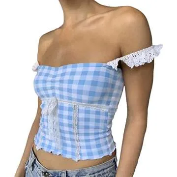 Women Y2K Cami Tank Top Spaghetti Strap V Neck Camisoles Summer Cute Sleeveless Crop Top Streetwear(T-Cute Blue Plaid Top,S)