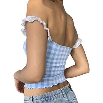 Women Y2K Cami Tank Top Spaghetti Strap V Neck Camisoles Summer Cute Sleeveless Crop Top Streetwear(T-Cute Blue Plaid Top,S)