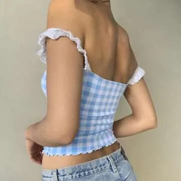 Women Y2K Cami Tank Top Spaghetti Strap V Neck Camisoles Summer Cute Sleeveless Crop Top Streetwear(T-Cute Blue Plaid Top,S)