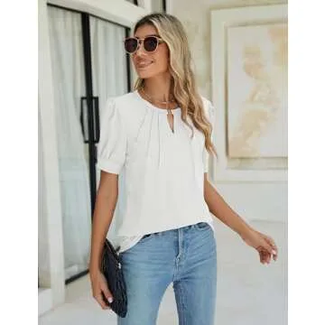 Blooming Jelly Womens Dressy Casual Tops Pleated Keyhole Work Blouses Puff Sleeve Summer T Shirts 2024 (Medium, White)