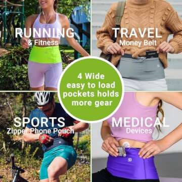 StashBandz Running Belt for Women Men, 4 Large Wide Security Pockets (1 Zippered), Runners Pouch Fan...
