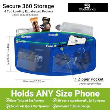 StashBandz Running Belt for Women Men, 4 Large Wide Security Pockets (1 Zippered), Runners Pouch Fanny Pack, Running Phone Holder for Workout, Jogging, Hiking, Money Belt Travel Gear Accessories