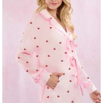 Yiulangde Galentines Pajama Love Heart Pjs Sets Silk Satin Bow Tie Pajamas for Women Galentines Day ...
