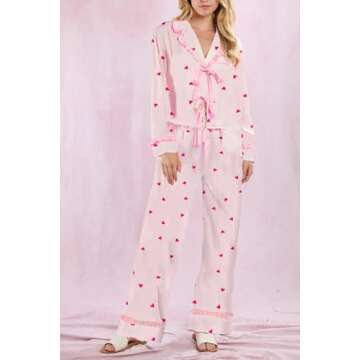 Yiulangde Galentines Pajama Love Heart Pjs Sets Silk Satin Bow Tie Pajamas for Women Galentines Day Silk Pajamas Lounge Pj Pants Set