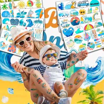 Generic 100 PCS The Big One Surfboard Surfs Up Theme Party Decorations Cute Tattoos Stickers Baby Boy 1st First One Birthday Party Decorations Favors Gifts for Kids School Rewards, Blue